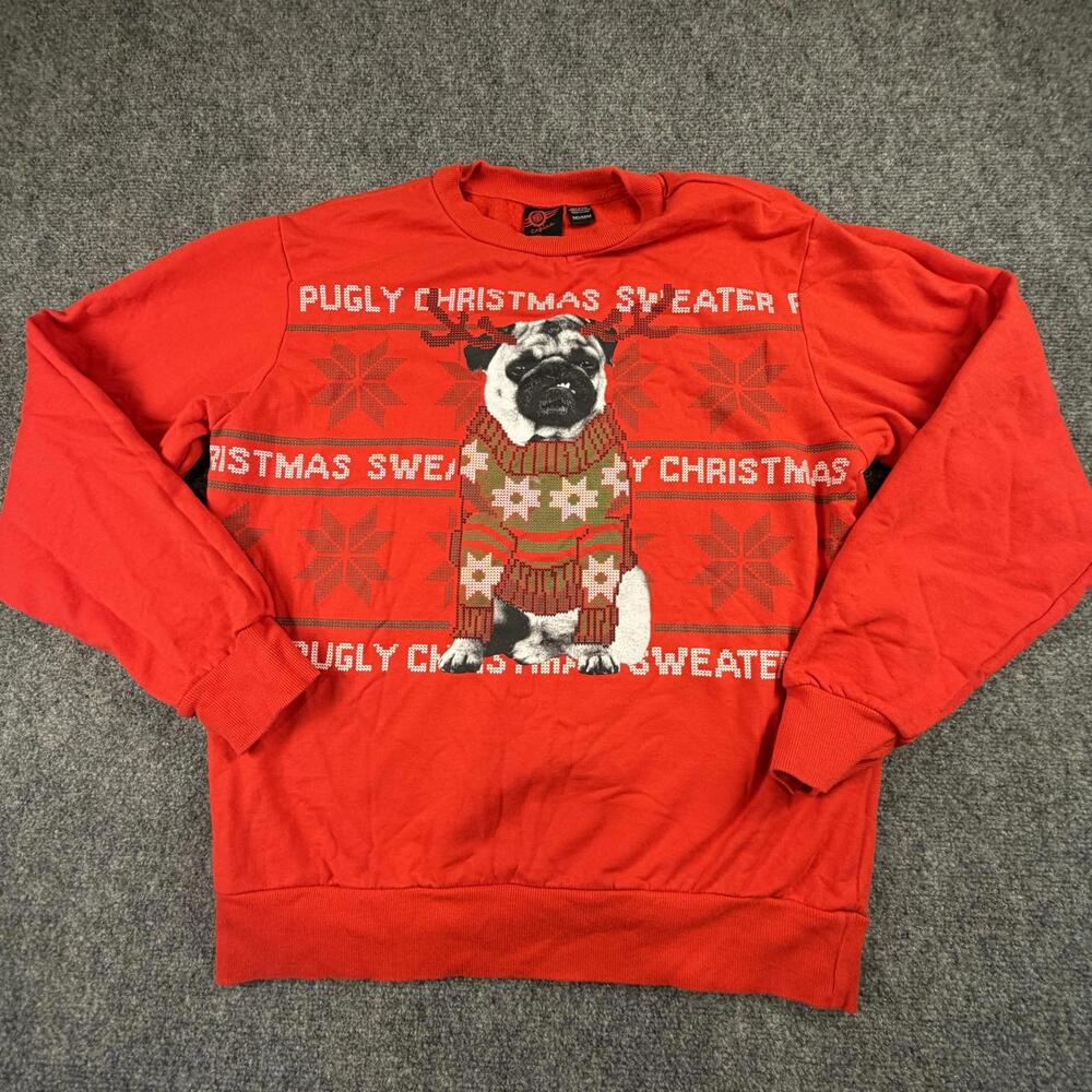 Engine Red Ugly Christmas Sweater with Pug Design, Men's Medium #1095